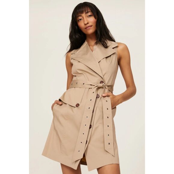 EUC Toccin NY Sleeveless Belted Wrap Trench Mini Dress in Khaki Tan Size 0 - Picture 2 of 15